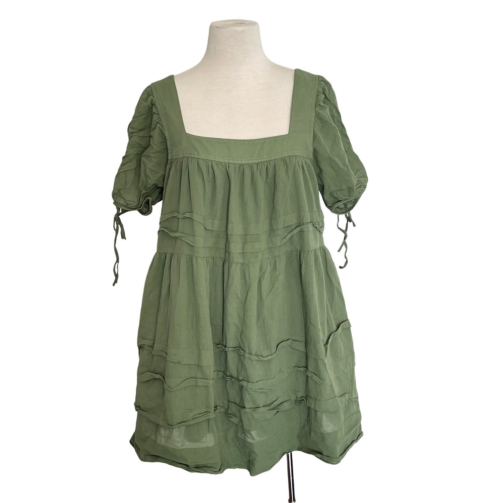 J. Crew Green Squareโ Neck Tiered Puff Sleeve Mini Dress Size S Babydoll Coton